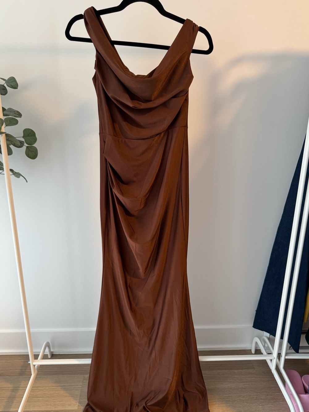 Elegant Brown Draped Evening Gown